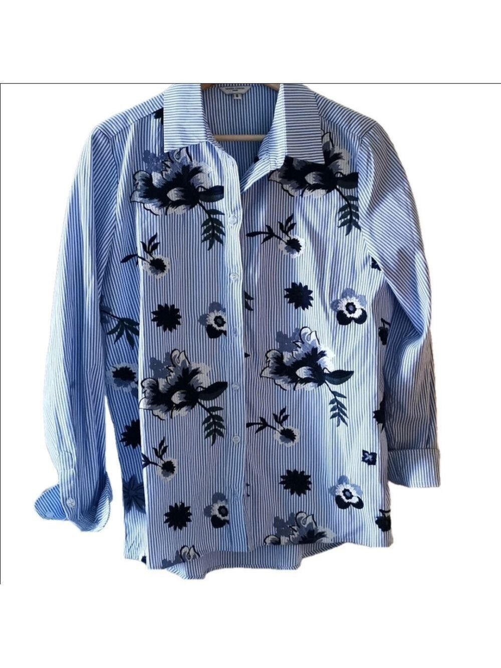 Simon Chang Denim striped long sleeve blouse. Size 8. EUC